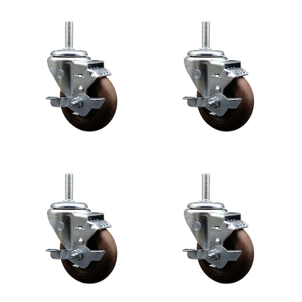 35 Inch High Temp Glass Filled Nylon Wheel Swivel 58 Inch Threaded Stem Caster Set